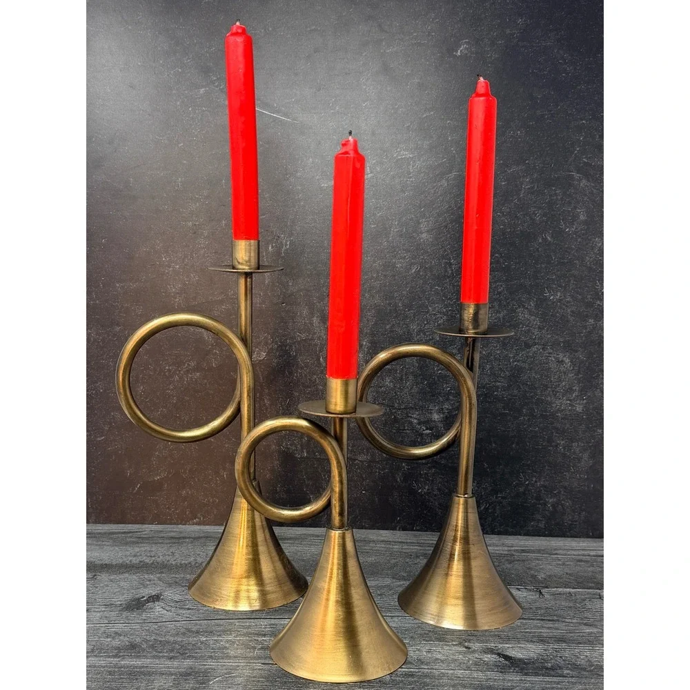 Antique Brass French Horn Taper Candle Holder Set 3 Vintage Style Candlesticks